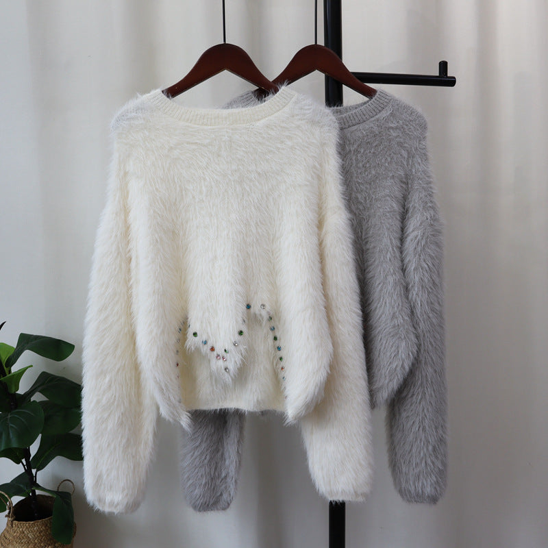 Irregular Nail Drill Mink Fur Knitted Sweater Top