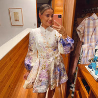 Womens Printed Buttoned Waistband Long-Sleeve Dress