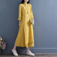 Buttoned Cotton And Linen Dress For Women