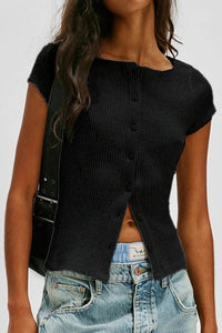 Womens Solid-color Versatile Short-sleeve Top With Buttons