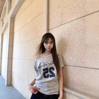 Off-Shoulder Letter Print Streetwear Gray Short-Sleeve T-Shirt