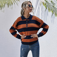 Polo Collar Halloween Top Women's European And American Ladies Long-sleeved Striped Sweater