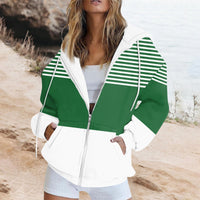 Striped Printed Pocket Long Sleeve Loose Hooded Sweater Zipper Jacket