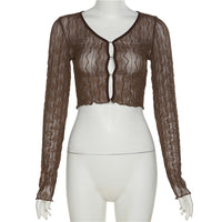 Women's Pure Color Mesh Cardigan Long Sleeve Short T-shirt