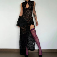 Sexy Fashionable Lace Hollow-Out High-Slit Slim-Fit Sleeveless Dress For Women