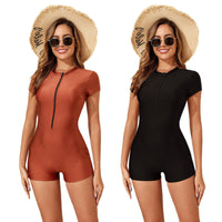 Solid Color Zipper One-pieces Short Sleeve Beach Sports Swimwear