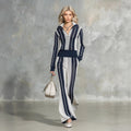 Hollow-out Striped Shirt And Loose-knit Wide-leg Pants Set