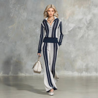 Hollow-out Striped Shirt And Loose-knit Wide-leg Pants Set