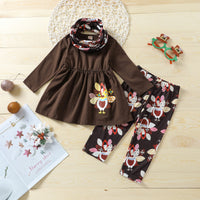 Girls' Turkey Print Top And Trousers Scarf Three-piece Set
