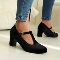 Fashion Women's Gold Velvet Chunky Heel T Buckle Lace-up High Heels