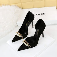 Shallow-toe Pointed-toe Pearl-embellished Metallic Chain Side-cutout Pumps