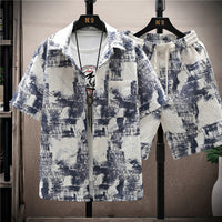 Fashion Men's Short Sleeve Printed Shirt Suit