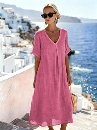 Casual Loose Fitting Long Skirt With Short Sleeves And A V Neck In Solid Color Cotton Linen Fabric