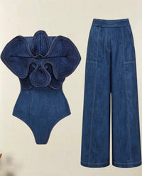 Slim-fit Women's Off-shoulder Blue Denim Flower Jumpsuit