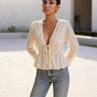 Solid-color Lace-up Waist-defined V-neck Elegant Figure-flattering Puffed-sleeve Top