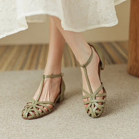 Women's Woven Hollowed Closed Toe Low Heel Flat Sandals