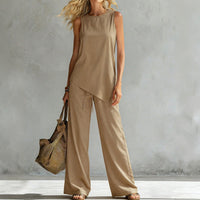 Womens Suit Asymmetric Hem Sleeveless Top And Trousers