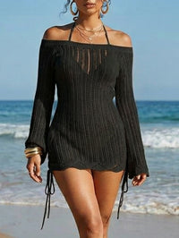 French-style Minimal Luxe Off-Shoulder Seaside Vacation Solid-Colored Hollow-Out Sheath Dress