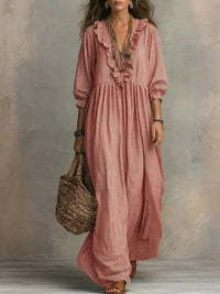 Womens Striped Ruffle-Trimmed Loose High-Waist V-Neck Dress