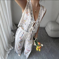 Fashionable Sexy Loose-fit Lace-up Vest Top With Wide-leg Trousers