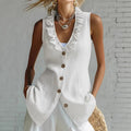 Linen Blend Sleeveless Vest Top Button-Front V-Neck Blouse For Women