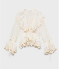 Sweet Beauty Summer Ruffles Lace Stitching Large Lapel Short Waist