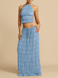 Resort-Style Halterneck Pleated Cami Top & Midi Skirt Two-Piece Set For Women