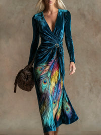 3D Geometric Line Pattern V-Neck Long-Sleeve Womens Dress