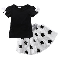 Black, Short Sleeve Top Flower Skirt