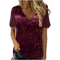 V-neck Loose Sequin Short-sleeve Top T-shirt