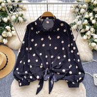 Tie-waist Lantern Sleeve Polka Dot Hot Drill Shirt