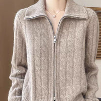 Womens Twist-Open Cardigan With Double Zippers And Lapel Collar