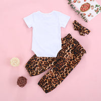 Short Sleeved Letter Printed Romper With Leopard Print Waistband Pants
