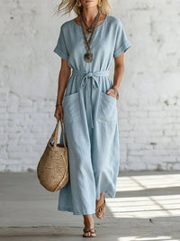 Short-sleeve V-neck Casual Cotton-linen Dress With A Belt