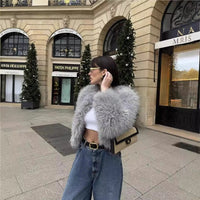 Wool Light Gray Round Neck French Artificial Fur Short Coat