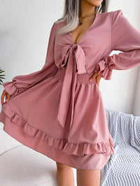 Women  Casual Tie Waist Ruffle Trim Flowy Dress