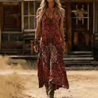 Retro Bohemian Print V-neck Slip Dress