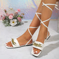 Fashion Lace-up Chain Sandals For Women Large Size Square-toed Flat Shoes Summer