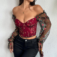 Women's Embroidered Patchwork Sheer Mesh Long-Sleeve Top