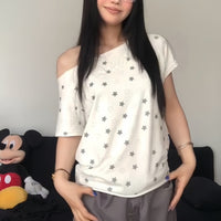 Retro Wing Embroidery Full-Print Star Loose Top For Women