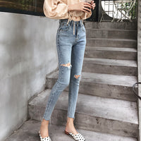 Fashion High-waisted Elastic Pierced Small Feet Retro Hong Kong-style Cropped Trousers