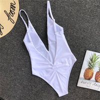 Solid color sexy one-piece swimsuit deep V-neck back pleated bikini