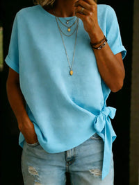 Womens Summer New Solid Color Short-Sleeve Loose T-Shirt With Knotted Hem