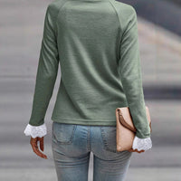 Solid-color Versatile Lace-panel Long-sleeve Top For Women