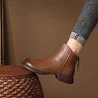 Genuine Leather Retro Western Style Short Boots Women's Autumn Back Zipper
