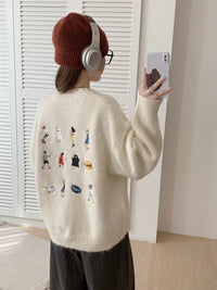 Gray Sweater Women's Loose Cartoon Embroidery Knitted Top