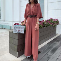 Women's Stand Collar Short Sleeve with Belt Jumpsuit