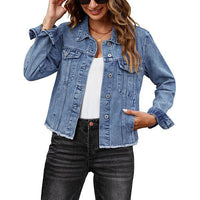 Female Solid Color Casual Embossed Denim Jacket Button Top