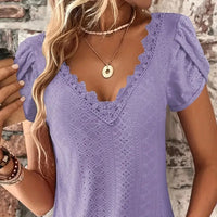 Women's Eyelet Lace Trim V-neck Shirt