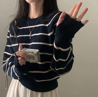 Autumn And Winter Contrast Color Striped Crew Neck Pullover Sweater